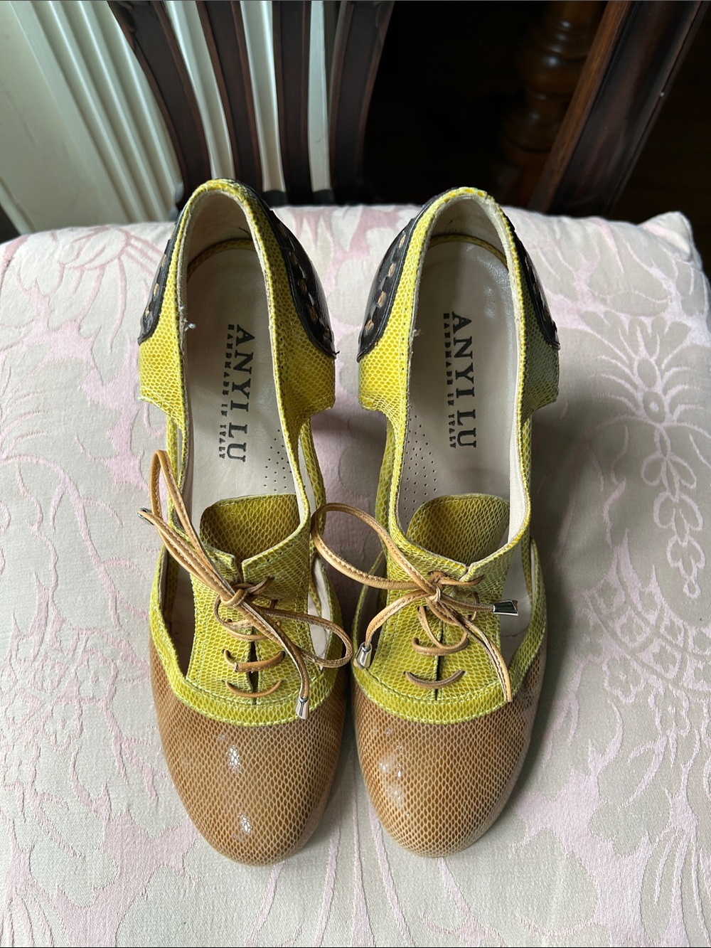 Anyi Lu Yellow and Tan Lace-Up Heels with Black Heel Detail